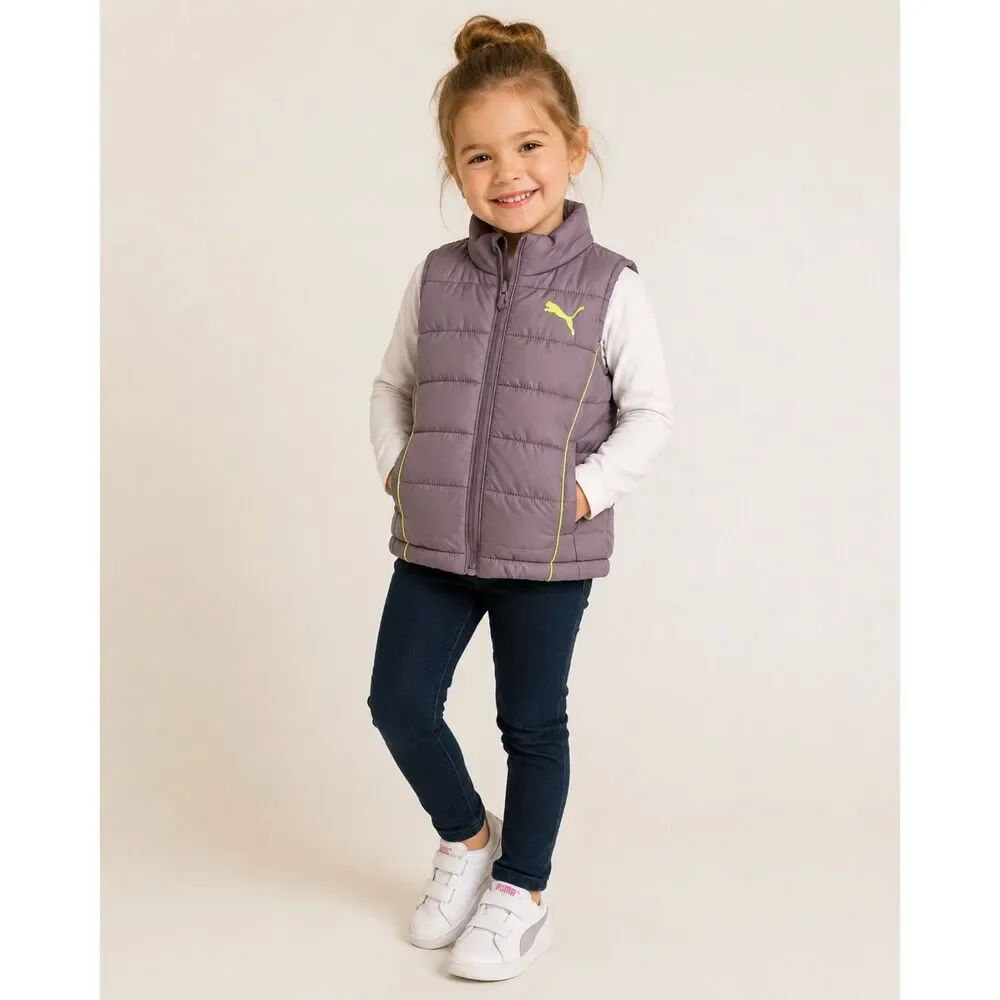 PUMA Girls 4T Puffer Vest Gray Neon Logo Full Zip Quilted Toddler